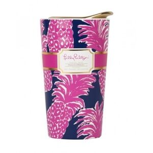 Lilly Pulitzer Flamenco Pineapple Ceramic Pink and Blue Travel Mug